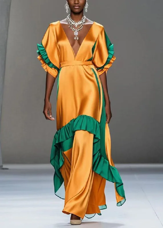 Women Yellow V Neck Patchwork Ruffles Silk Party Dress Summer Pencil Length Work