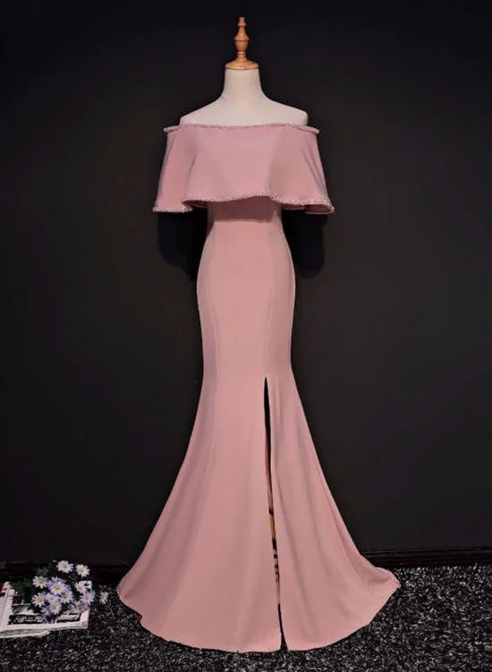 Charming Pink Trumpet/Mermaid Off-the-shoulder Party Dress, Pink Bridesmaid Dress Glittery Long Formal Charming Pink Trumpet/Mermaid Off-the-shoulder Party Dress, Pink Bridesmaid Dress Glittery Long Formal