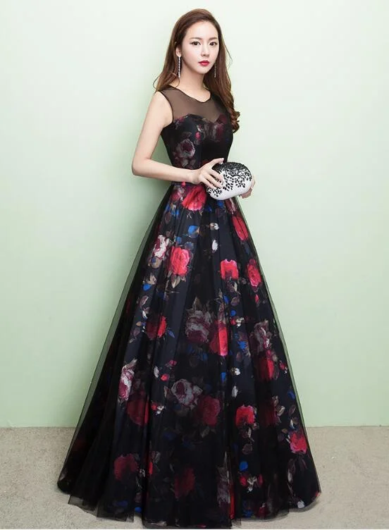 Beautiful A-line Black Round Neckline Party Dress, Long Floral Evening Gown Tunics Luxurious premium Beautiful A-line Black Round Neckline Party Dress, Long Floral Evening Gown Tunics Luxurious premium