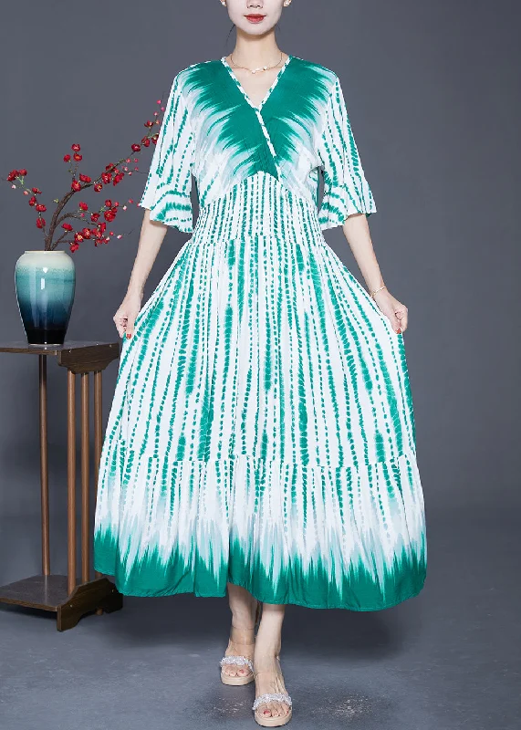 Natural Green Cinched Print Cotton Party Dress Flare Sleeve Tunics Review highly