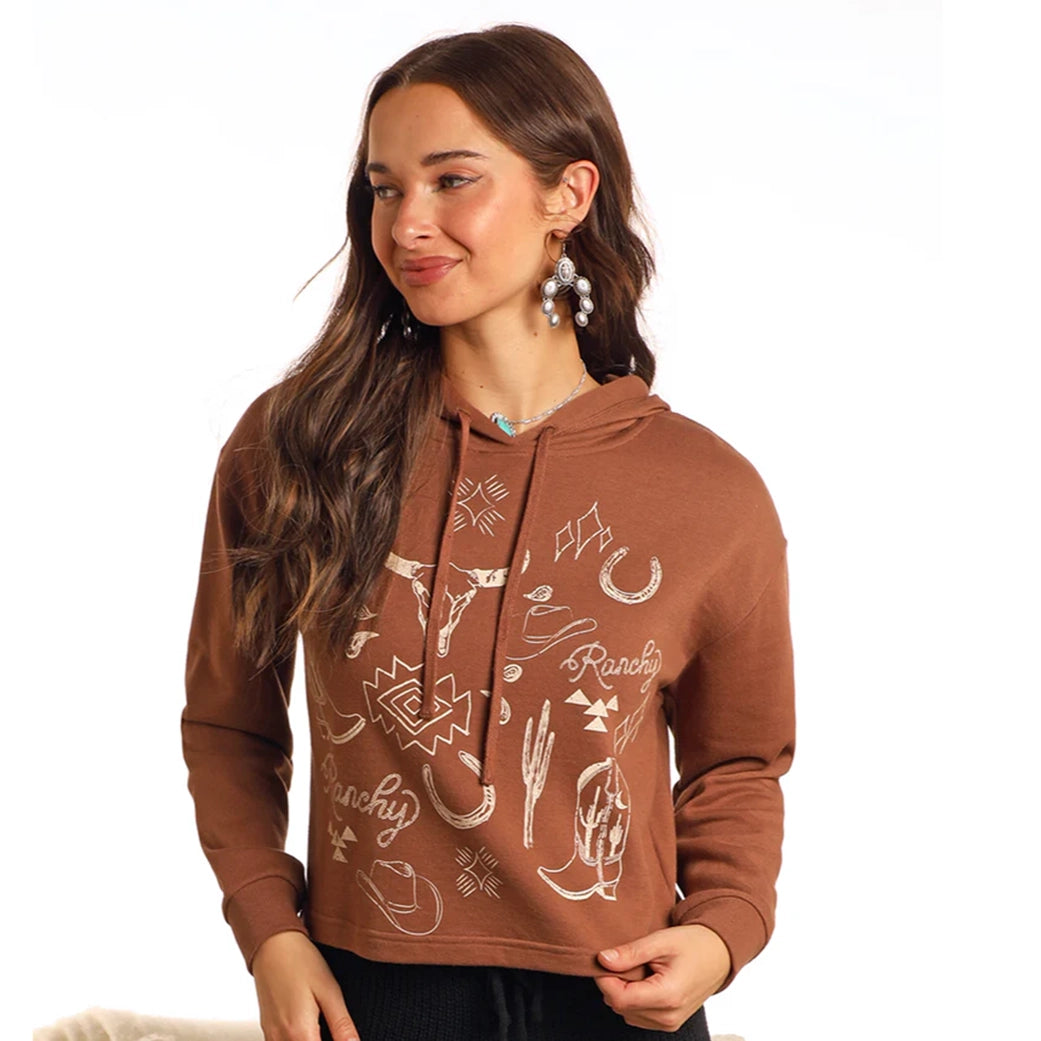 Rock & Roll Women's Range Western Graphic Cropped Hoodie Hoodie with Drawcord Adjustable Secure Rock & Roll Women's Range Western Graphic Cropped Hoodie Hoodie with Drawcord Adjustable Secure