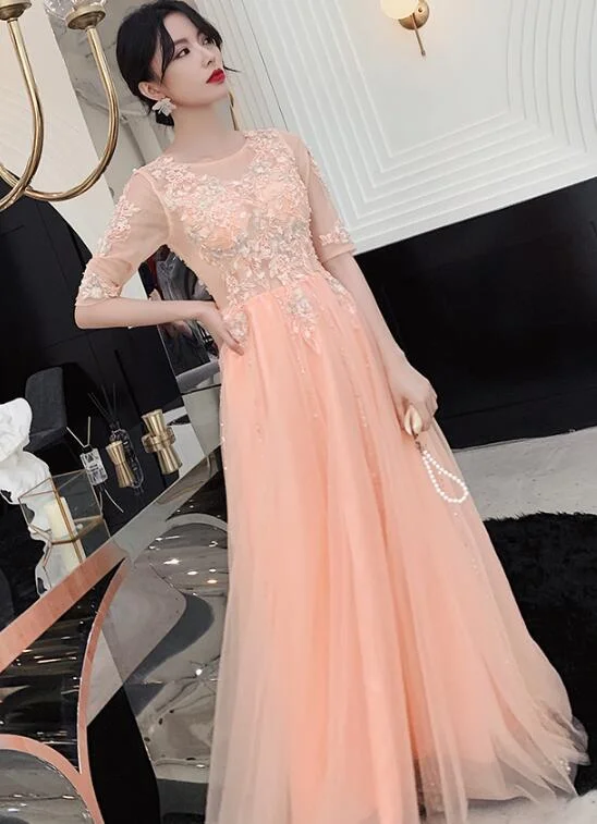 Beautiful Pink Short Sleeves Lace Long Party Dress, New Formal Gown sweetheart Neckline Romantic Beautiful Pink Short Sleeves Lace Long Party Dress, New Formal Gown sweetheart Neckline Romantic