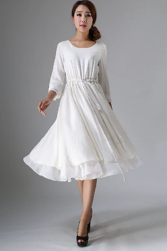Women's White Drawstring waisted white Linen Bridal Dress 0960# Tunics Top rated