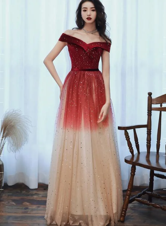 Off Shoulder Red Tulle Long Gradient Formal Dress, New Prom Dress Wedding Party Dress Tunics Chic elegant Off Shoulder Red Tulle Long Gradient Formal Dress, New Prom Dress Wedding Party Dress Tunics Chic elegant