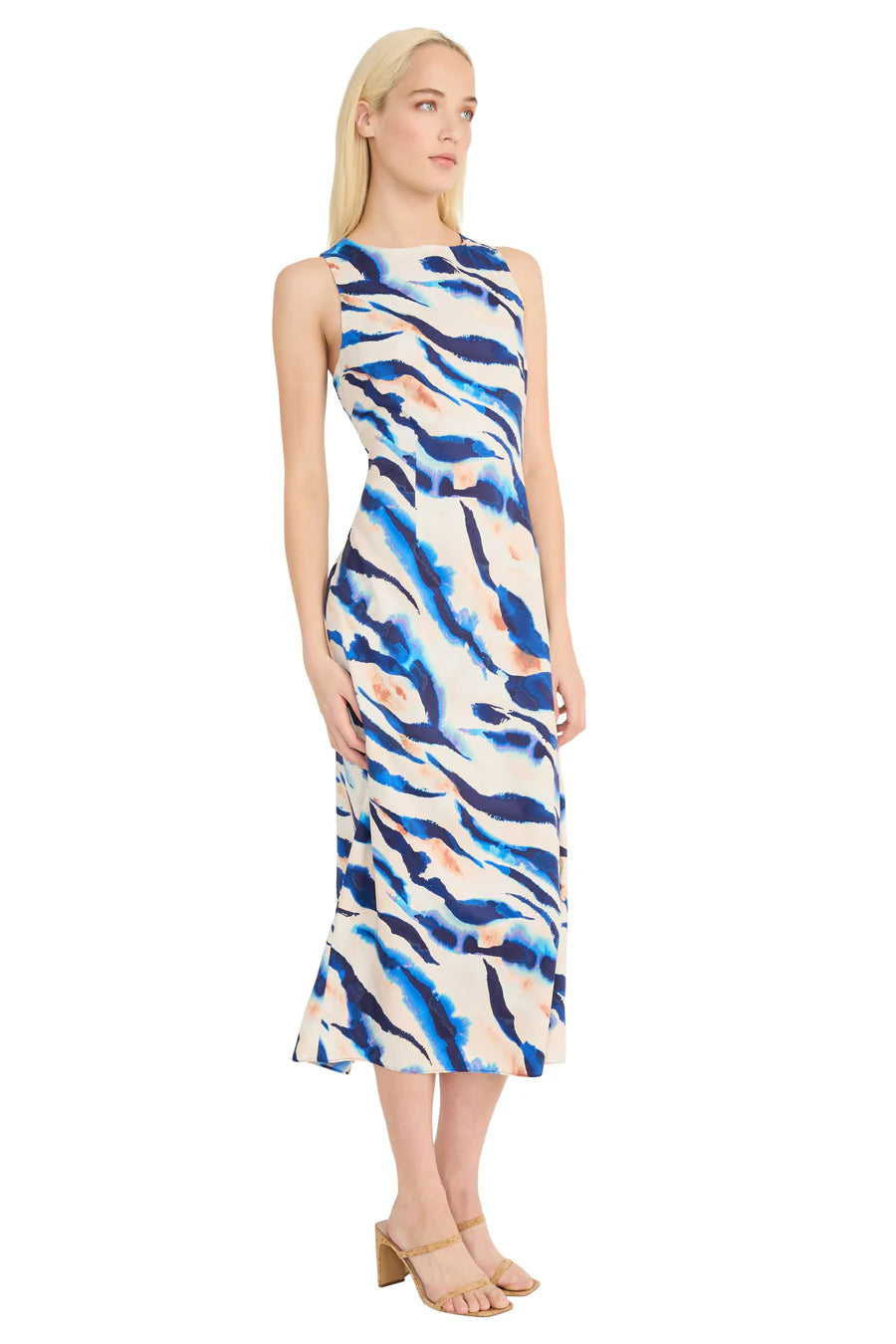 Sleeveless Long Satin Print Dress | Ivory/Blue Tunics Chic elegant