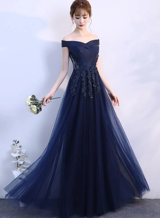 Navy Blue Off Shoulder Tulle A-line Long Evening Dress, Simple Prom Dress Party Dress Tunics Trendy modern Navy Blue Off Shoulder Tulle A-line Long Evening Dress, Simple Prom Dress Party Dress Tunics Trendy modern