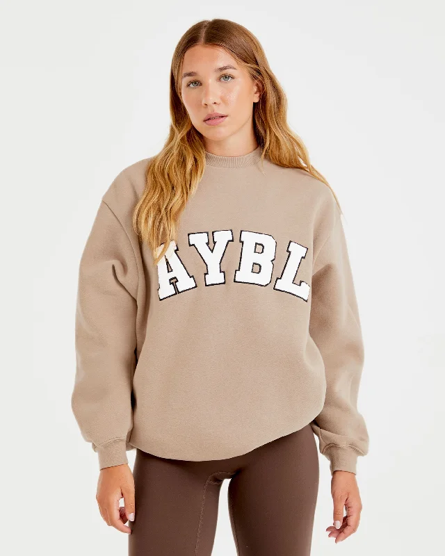 Varsity Oversized Sweatshirt - Latte Braun Hoodie with Hem Applique Textured Unique