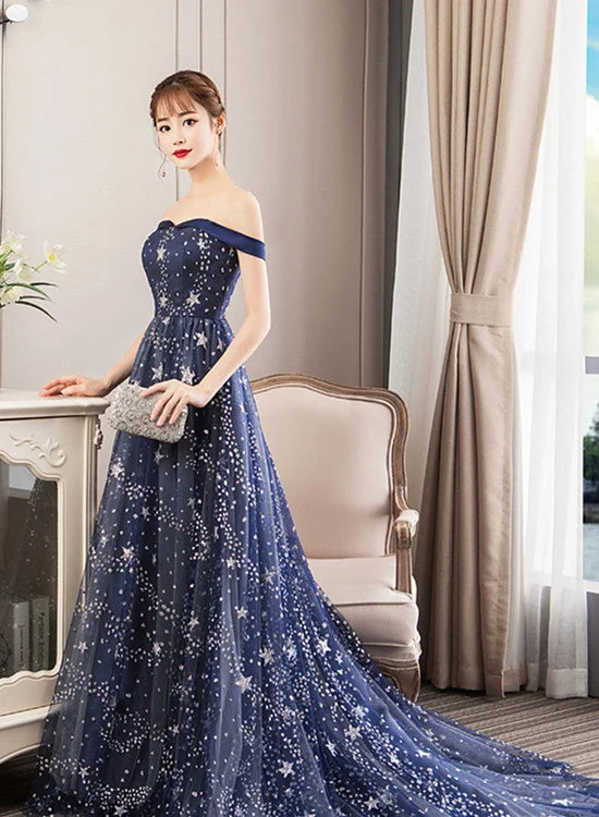Navy Blue Charming Off Shoulder Long Formal Dress , Blue Lace A-line Wedding Party Dress Tunics Fleece cozy Navy Blue Charming Off Shoulder Long Formal Dress , Blue Lace A-line Wedding Party Dress Tunics Fleece cozy