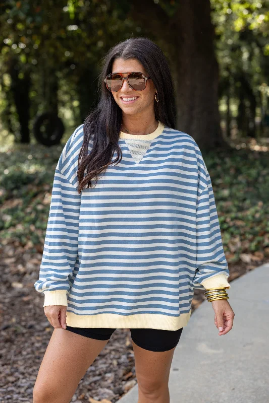 All About Stripes Blue Sweatshirt Hoodie with Turtle Neck Cozy Winter