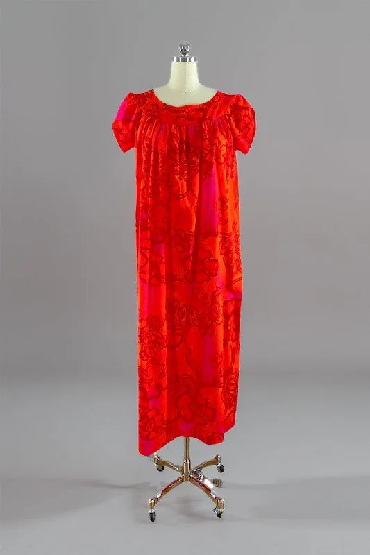 Vintage Red Hawaiian Print Caftan Dress Tunics Chinos classic