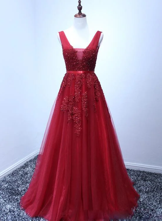 Beautiful Wine Red V-neckline Tulle Prom Dress,Charming Wedding Party Dresses Halter Neckline Beach Beautiful Wine Red V-neckline Tulle Prom Dress,Charming Wedding Party Dresses Halter Neckline Beach