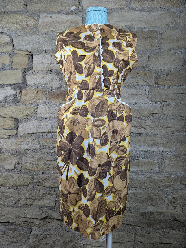 1950s Brown Floral Ric Rac Trim Vintage Dress Boat Neckline Classic