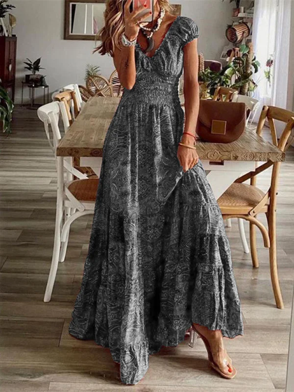 Bohemian style new one-piece long dress waist floral print large swing dress Tunics Plaid country Bohemian style new one-piece long dress waist floral print large swing dress Tunics Plaid country