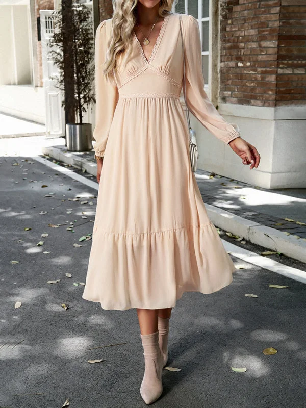 Elegant lace solid color V-neck dress Tunics Travel practical