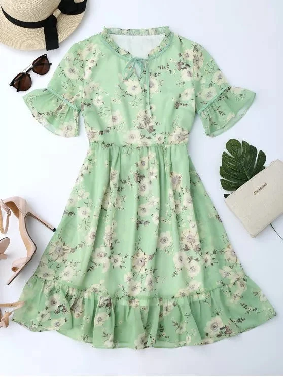 Stunning Ruffles Tiny Floral Chiffon Dress Tunics Satin smooth