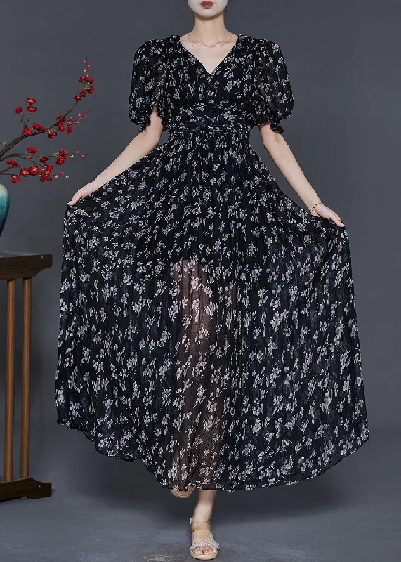 Style Black Puff Sleeve Print Chiffon Party Dress Tunics Vintage classic