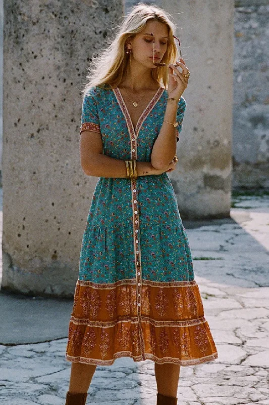 Vintage Floral Print Empire Waist Boho Chic Dress - Teal Blue Tunics Versatile functional