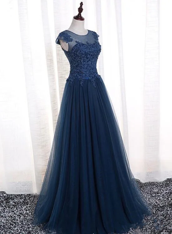 Charming Navy Blue Tulle Round Neckline Party Dress, Blue Evening Gown Lace Sexy Club Charming Navy Blue Tulle Round Neckline Party Dress, Blue Evening Gown Lace Sexy Club