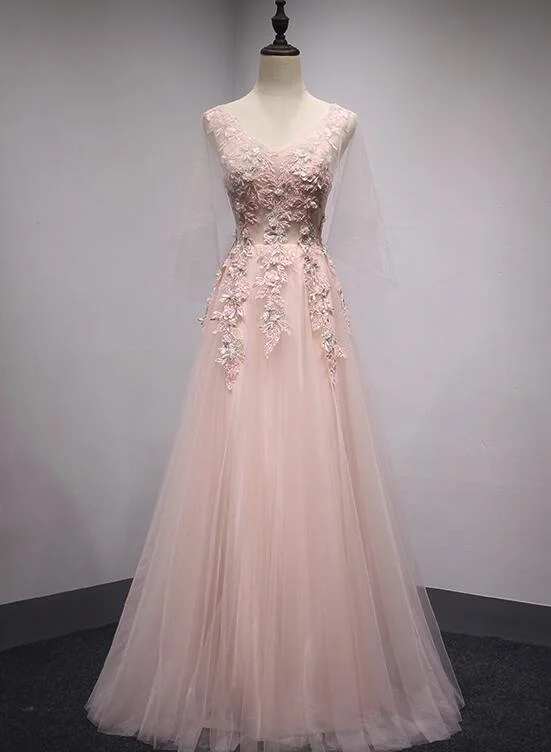 Pink Tulle V-neckline Long Party Dress, Beautiful Prom Dress, Cute Formal Gown Tunics Silk luxurious Pink Tulle V-neckline Long Party Dress, Beautiful Prom Dress, Cute Formal Gown Tunics Silk luxurious