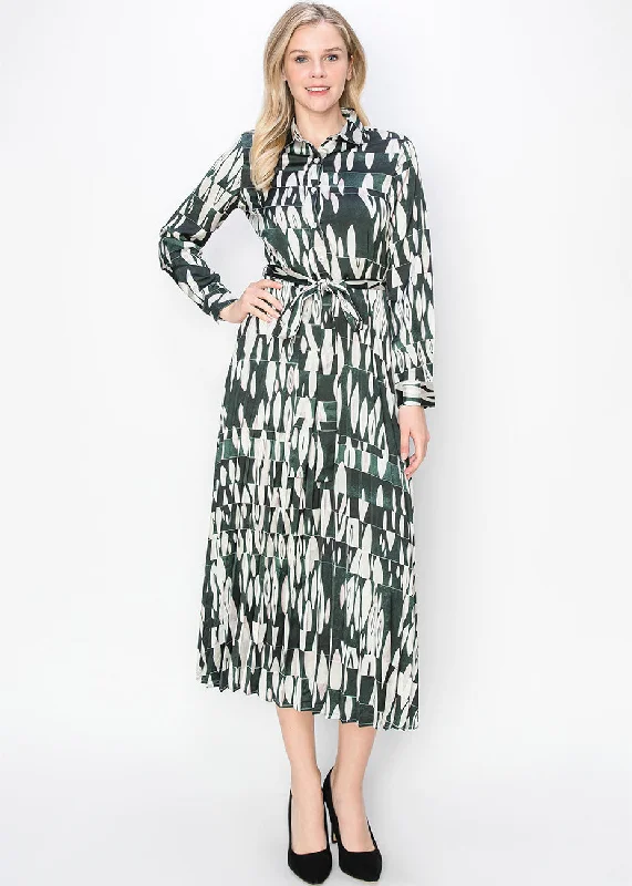 Green Abstract Print Pleated Dress Cowl Neckline Elegant
