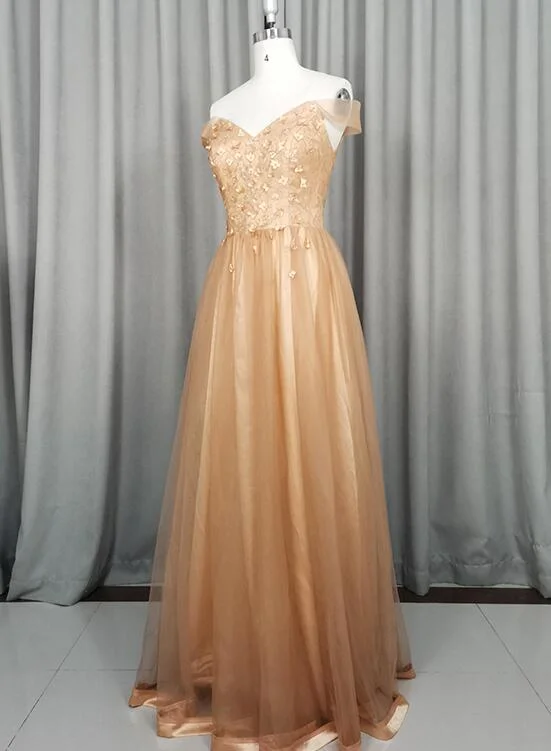 Beautiful Champagne Off Shoulder Tulle A-line Party Dress, Long Prom Dress Tunics Fall fleece Beautiful Champagne Off Shoulder Tulle A-line Party Dress, Long Prom Dress Tunics Fall fleece