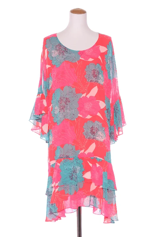 CHARLO - Fluro floral ruffle sleeve dress! 16 Tunics Running lightweight