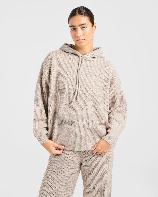 Lounge Oversized Knit Hoodie - Taupe Braun Hoodie with Belted Waist Structured Tailored Lounge Oversized Knit Hoodie - Taupe Braun Hoodie with Belted Waist Structured Tailored