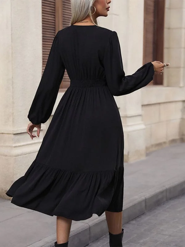 New women's long-sleeved solid color V-neck waist dress Tunics Essential wardrobe