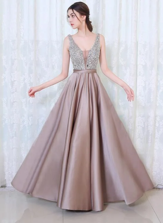 V-neckline Soft Satin Sequins Top A-line Prom Dress, Beautiful Party Dress Evening Dress Cowl Neckline Elegant