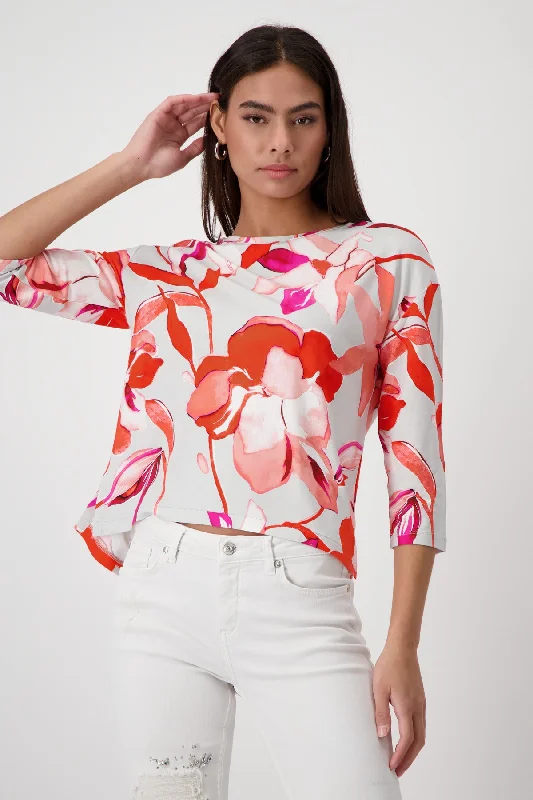 Sweatshirt, bright coral gemustert Hoodie with Rolled Sleeves Casual Relaxed