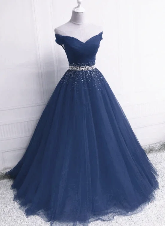 Beautiful Blue Tulle Long Sweetheart Beaded Party Dress, Blue Formal Dress Boat Neckline Classic Beautiful Blue Tulle Long Sweetheart Beaded Party Dress, Blue Formal Dress Boat Neckline Classic