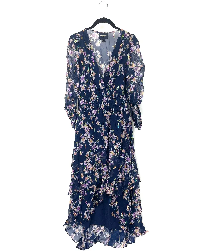 Blue Floral Printed Long Dress - Size 4 Tunics Fall fleece