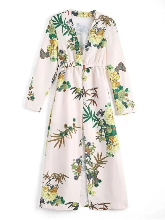 Pretty Floral Long Sleeves Open Front Coverup Dress Tunics Hiking breathable