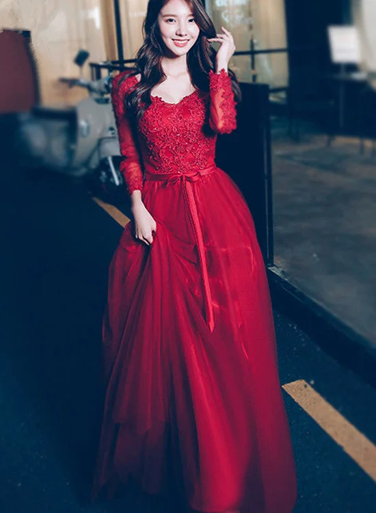 Beautiful Wine Red Long Sleeves Tulle Party Dress, Red Long Formal Gown Tunics Vintage classic Beautiful Wine Red Long Sleeves Tulle Party Dress, Red Long Formal Gown Tunics Vintage classic