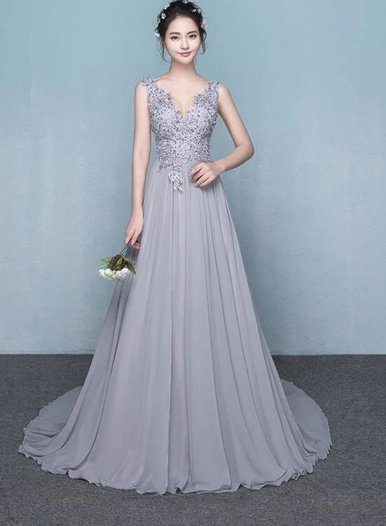 Beautiful Grey Chiffon Long Party Dress with Lace Top, Party Dress with Side Slit Tunics Ceremony elegant Beautiful Grey Chiffon Long Party Dress with Lace Top, Party Dress with Side Slit Tunics Ceremony elegant