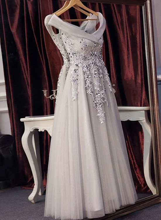 Beautiful Off Shoulder Grey V-neckline Prom Dress with Lace Applique, Grey Party Dresses A-Line Day Work Beautiful Off Shoulder Grey V-neckline Prom Dress with Lace Applique, Grey Party Dresses A-Line Day Work