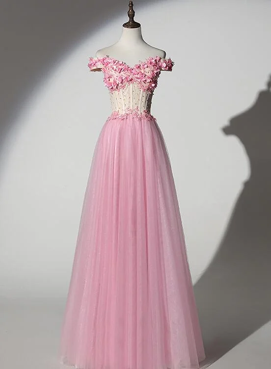 Pink Off Shoulder New Style Long Tulle Prom Dress, New Party Dresses Tunics Versatile functional Pink Off Shoulder New Style Long Tulle Prom Dress, New Party Dresses Tunics Versatile functional