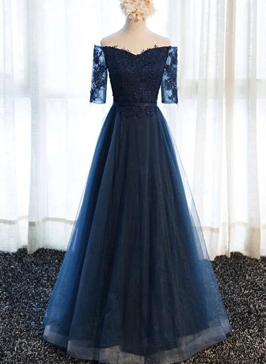 Blue Prom Gowns, Short Sleeves Tulle Navy Blue Formal Dress, Lovely Party Dresses Tunics Polka dots Blue Prom Gowns, Short Sleeves Tulle Navy Blue Formal Dress, Lovely Party Dresses Tunics Polka dots