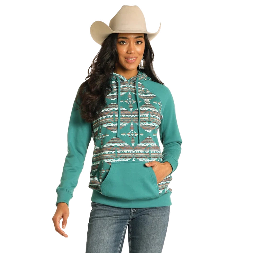 Panhandle Slim Women's Teal Contrast Sleeve Aztec Hoodie Hoodie with Monochrome Minimalist Simple Panhandle Slim Women's Teal Contrast Sleeve Aztec Hoodie Hoodie with Monochrome Minimalist Simple