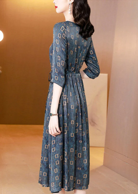Vogue Blue O-Neck Plaid Drawstring Tie Waist Silk Party Dress Half Sleeve Tunics Long Elegant Vogue Blue O-Neck Plaid Drawstring Tie Waist Silk Party Dress Half Sleeve Tunics Long Elegant