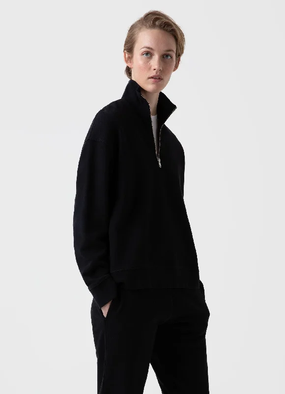 Women's Half Zip Loopback Sweatshirt in Black Hoodie with Snap Buttons Easy Quick