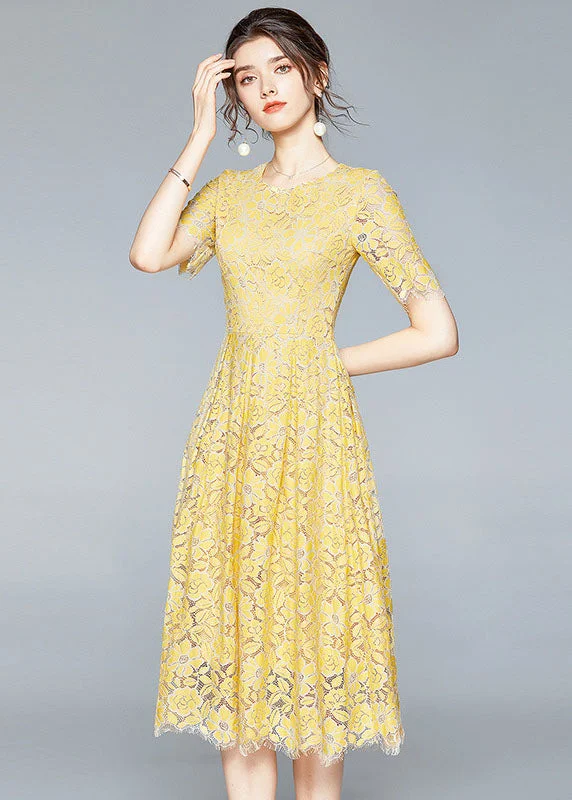 French Yellow Zip Up Slim Fit Lace Party Dress Short Sleeve Mermaid Tail Wedding