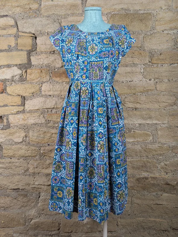 50s Vintage Shirt Waister Dress Square Print empire Waist empire