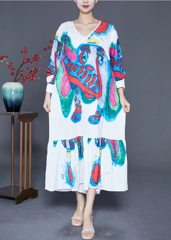 DIY White Elephant Graffiti Patchwork Ruffles Chiffon Party Dress Summer Tunics Bestseller popular DIY White Elephant Graffiti Patchwork Ruffles Chiffon Party Dress Summer Tunics Bestseller popular