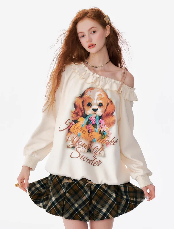 Puppy Print Cold Shoulder Sweatshirt Hoodie with Illustration Artistic Creative