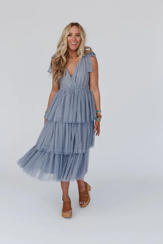 Boho Ballerina Tiered Tulle Dress - Blue Floral Print girly