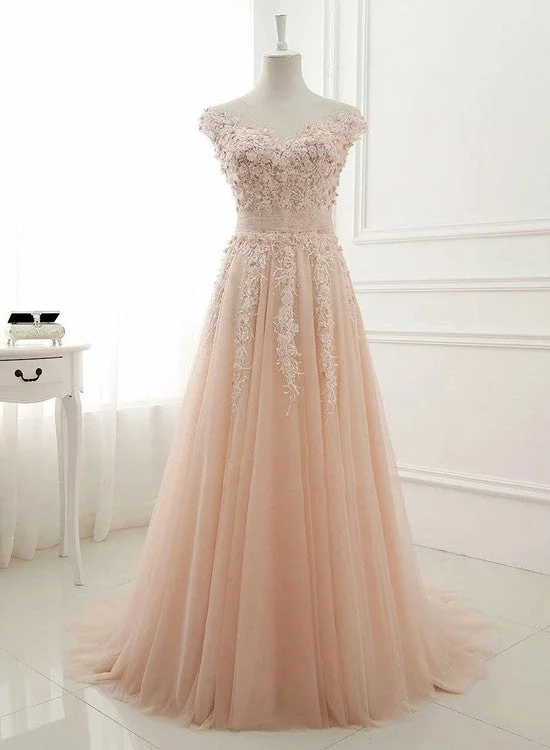 Pink Lace and Tulle Elegant A-line Floor Length Wedding Party Dress, Soft Pink Party Dress, Formal Dresses Tunics Office stylish Pink Lace and Tulle Elegant A-line Floor Length Wedding Party Dress, Soft Pink Party Dress, Formal Dresses Tunics Office stylish