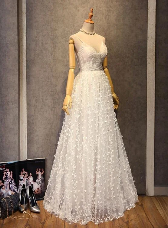 Elegant White Straps Floral Long Prom Dress , Party Dress Tunics Winter warm