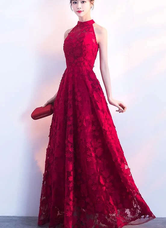 Charming Red Halter Lace Floor Length Party Dress, Red Prom Dress Tunics Denim casual Charming Red Halter Lace Floor Length Party Dress, Red Prom Dress Tunics Denim casual