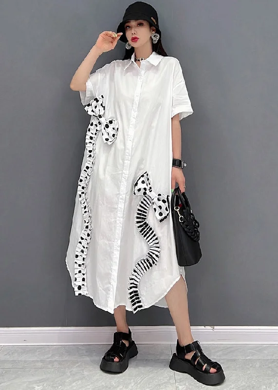 Modern White Peter Pan Collar asymmetrical Bow Button Party Dress Short Sleeve Square Neckline Feminine Modern White Peter Pan Collar asymmetrical Bow Button Party Dress Short Sleeve Square Neckline Feminine
